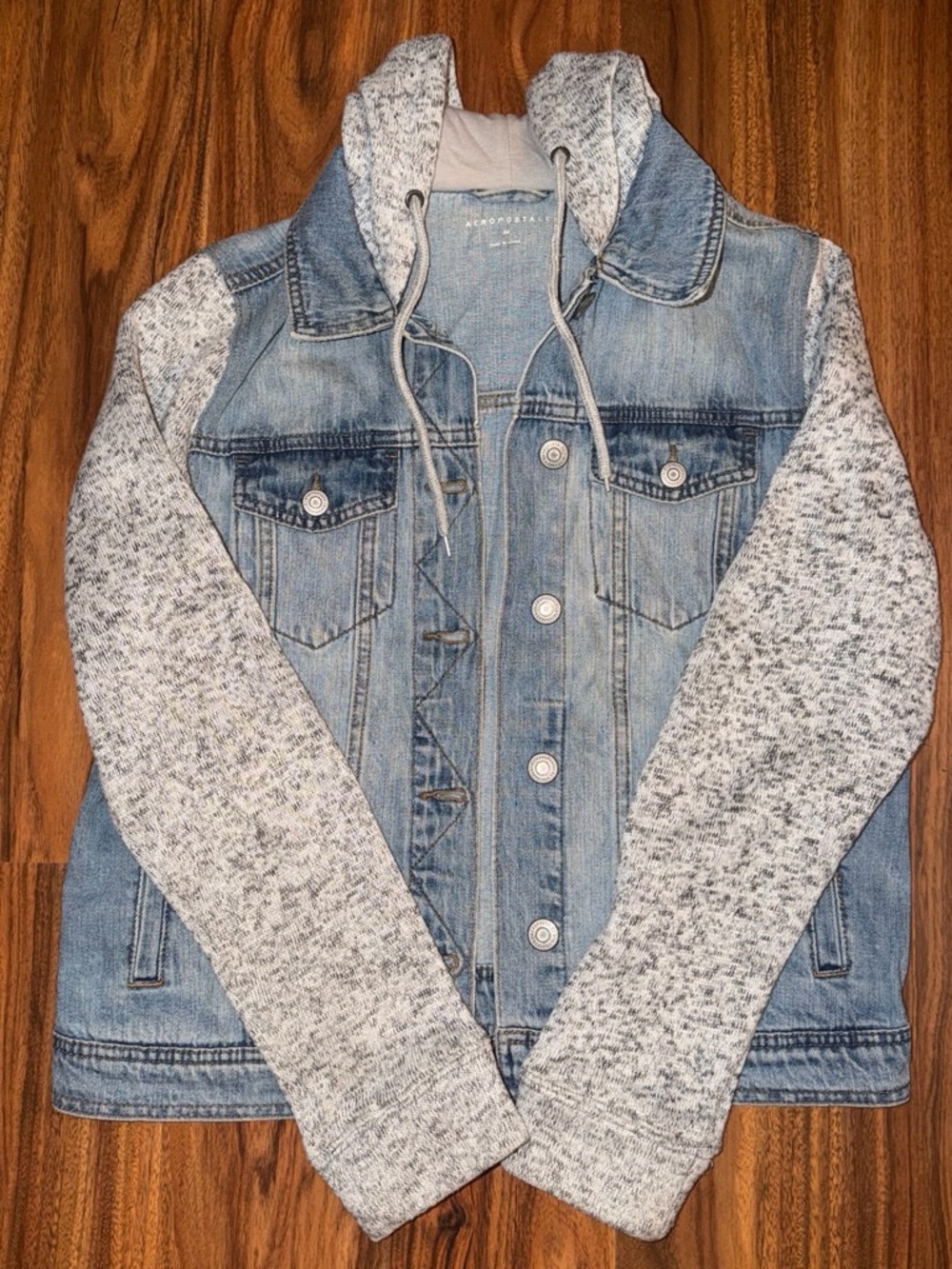 AEROPOSTALE Light Blue Denim Jacket with Heather Gray Knit Hood & Sleeves